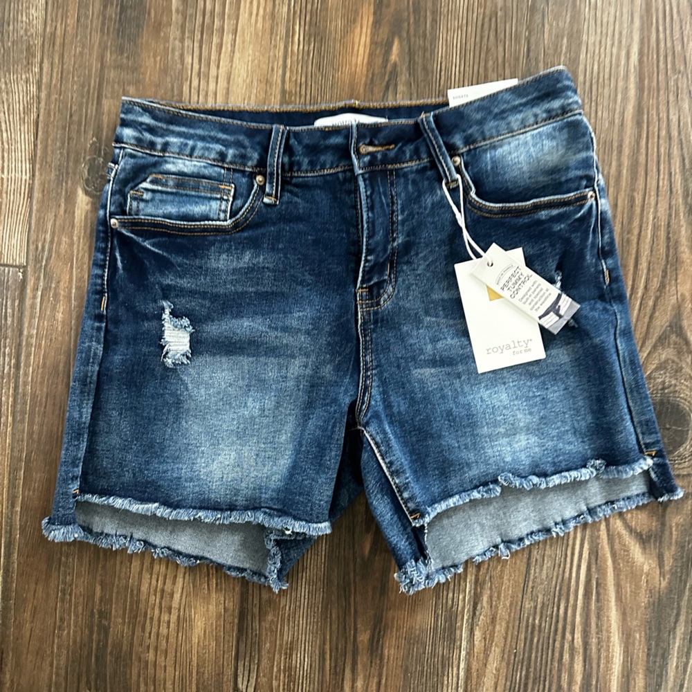 Royalty For Me Dark Blue Distressed Denim Blue Jean Shorts - Picture 3 of 16